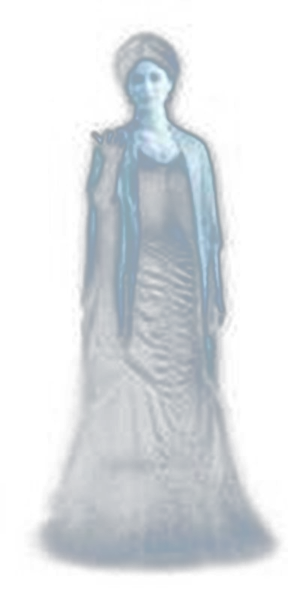 A pale Victorian lady in a lace shawl drifting out of the dark, one gloved hand raised