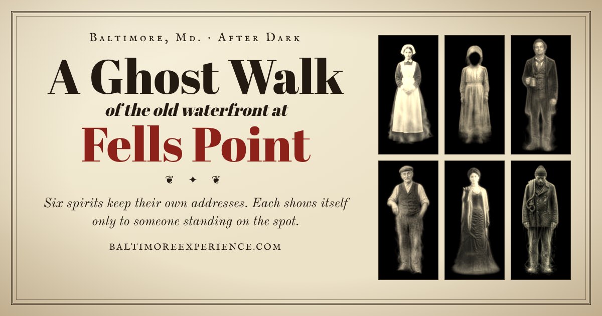 Vintage-inspired handbill artwork for A Ghost Walk of Fells Point, a phone-guided location-based tour